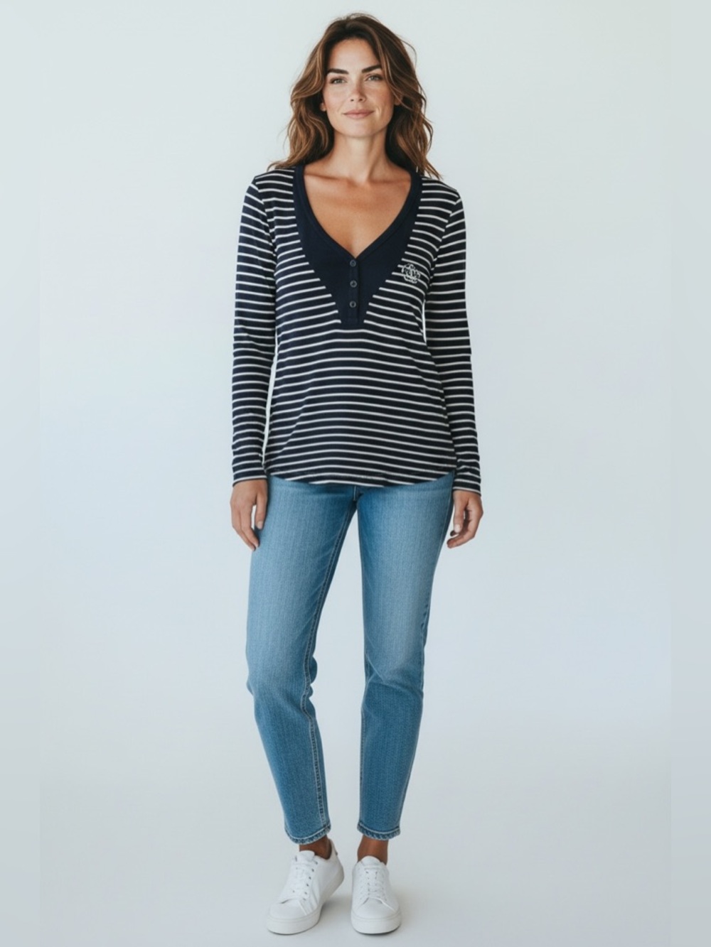 Pilcro 3/4 Sleeve Striped Tee Navy Size Small